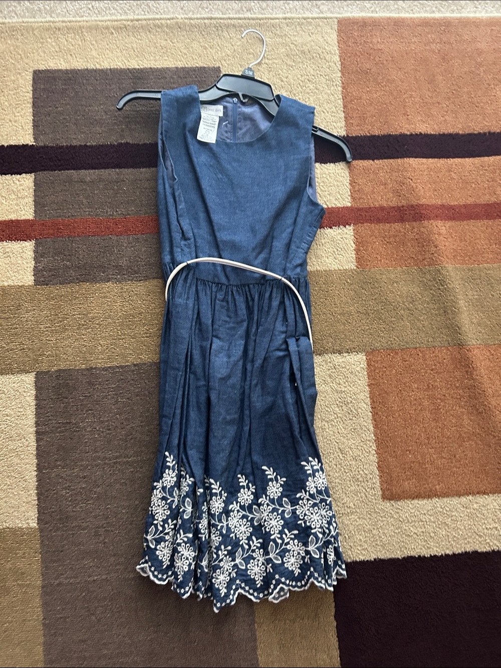 Bonnie Jean Blue Sleeveless Dress with White Floral Embroidery